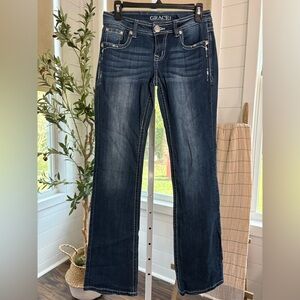 Grace in LA Bootcut Denim Blue Jeans, Aztec, Wide Stitching, Women’s 27
